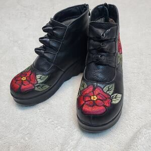 Black Faux Leather Red Floral Embroidery Whimsogoth Fairy Goth Platform Boot 8
